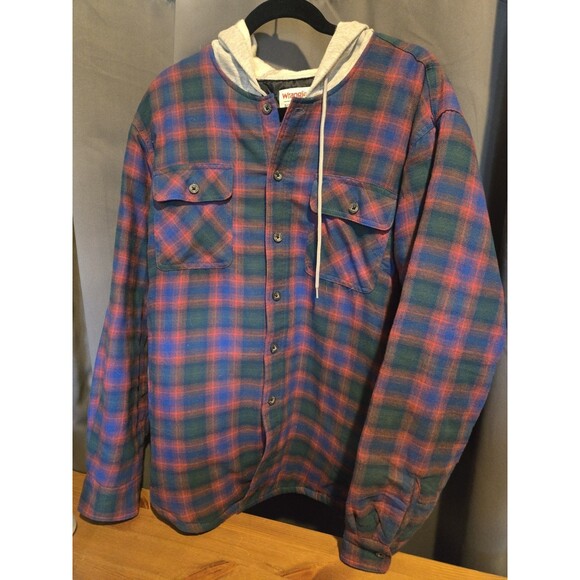 Wrangler Quilted Lined Hooded Plaid Flannel Jacket, Mens L - Picture 2 of 9